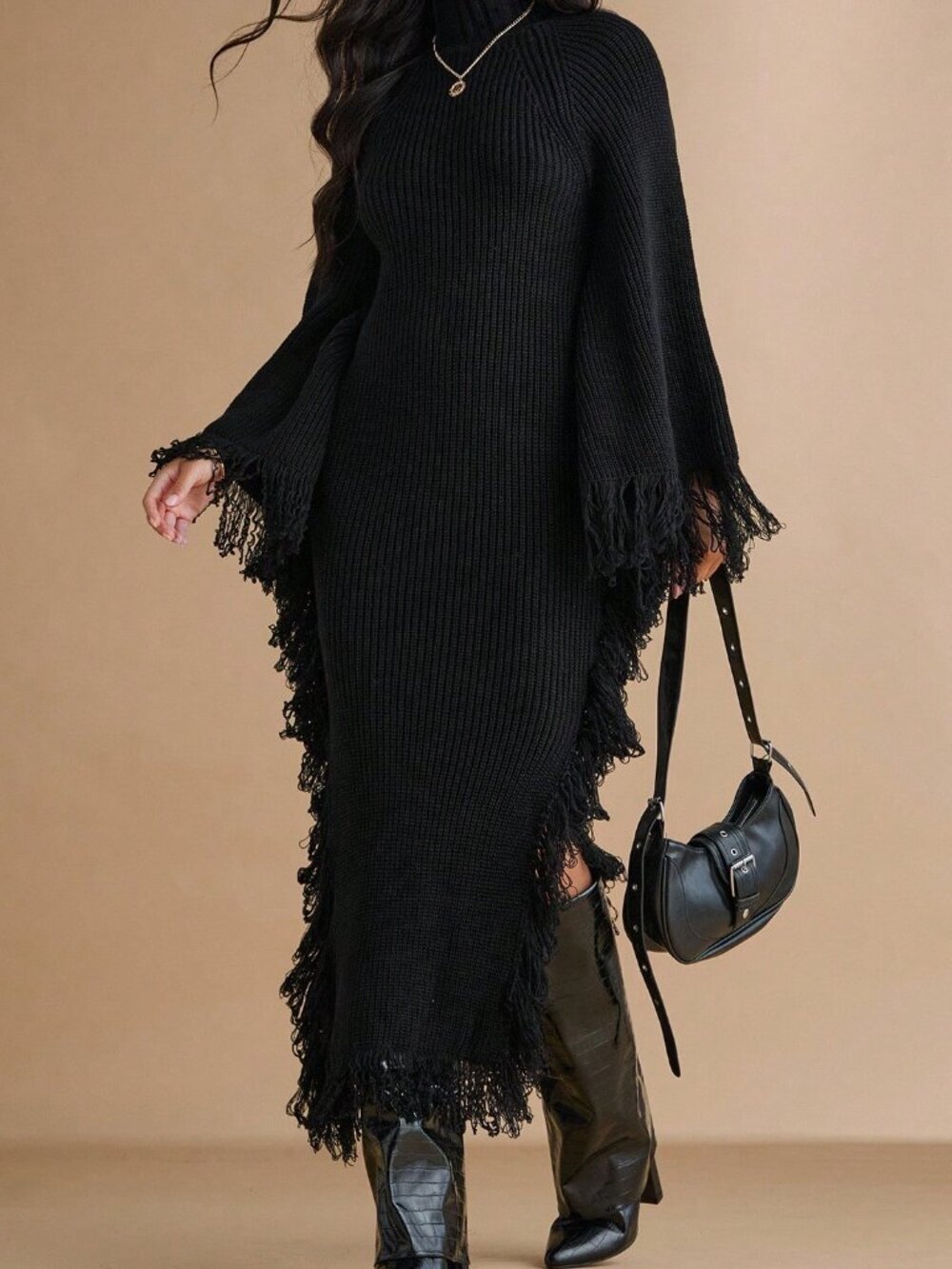 Black Casual Women's Turtleneck Fringe Cuff Fitted Knit Dress